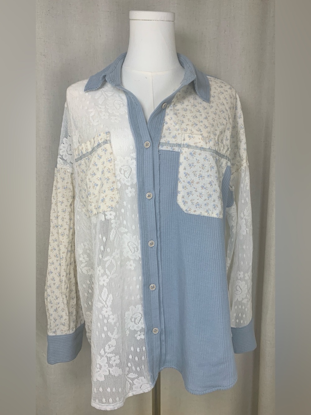 Indigo Fern Patchwork Waffle Knit Lace Button-Up Shacket